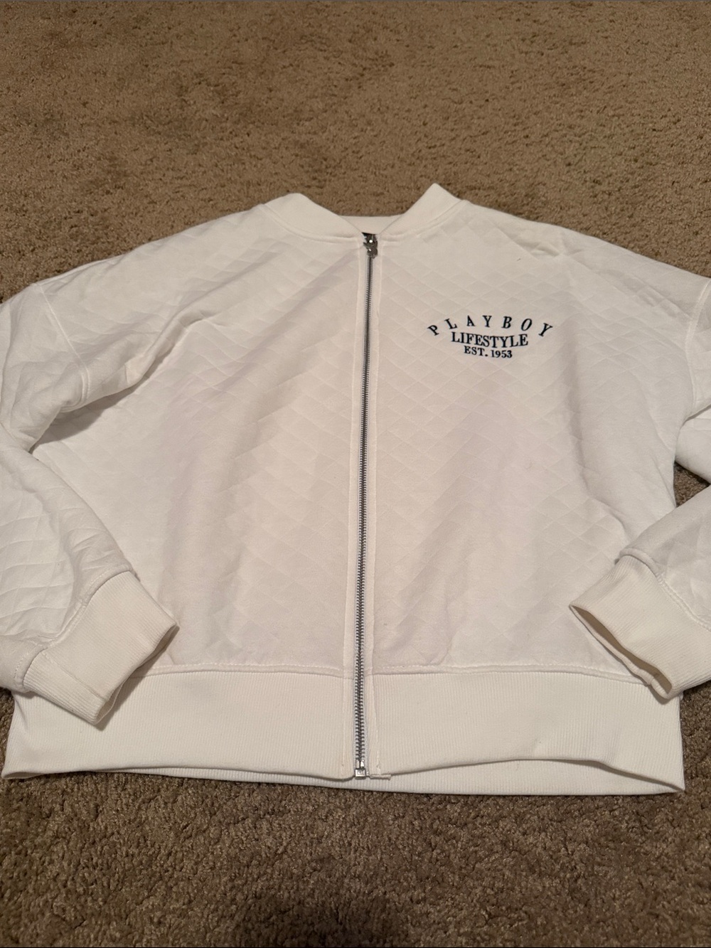 Playboy Lifestyle White Quilted Zip-Front Jacket 🧡